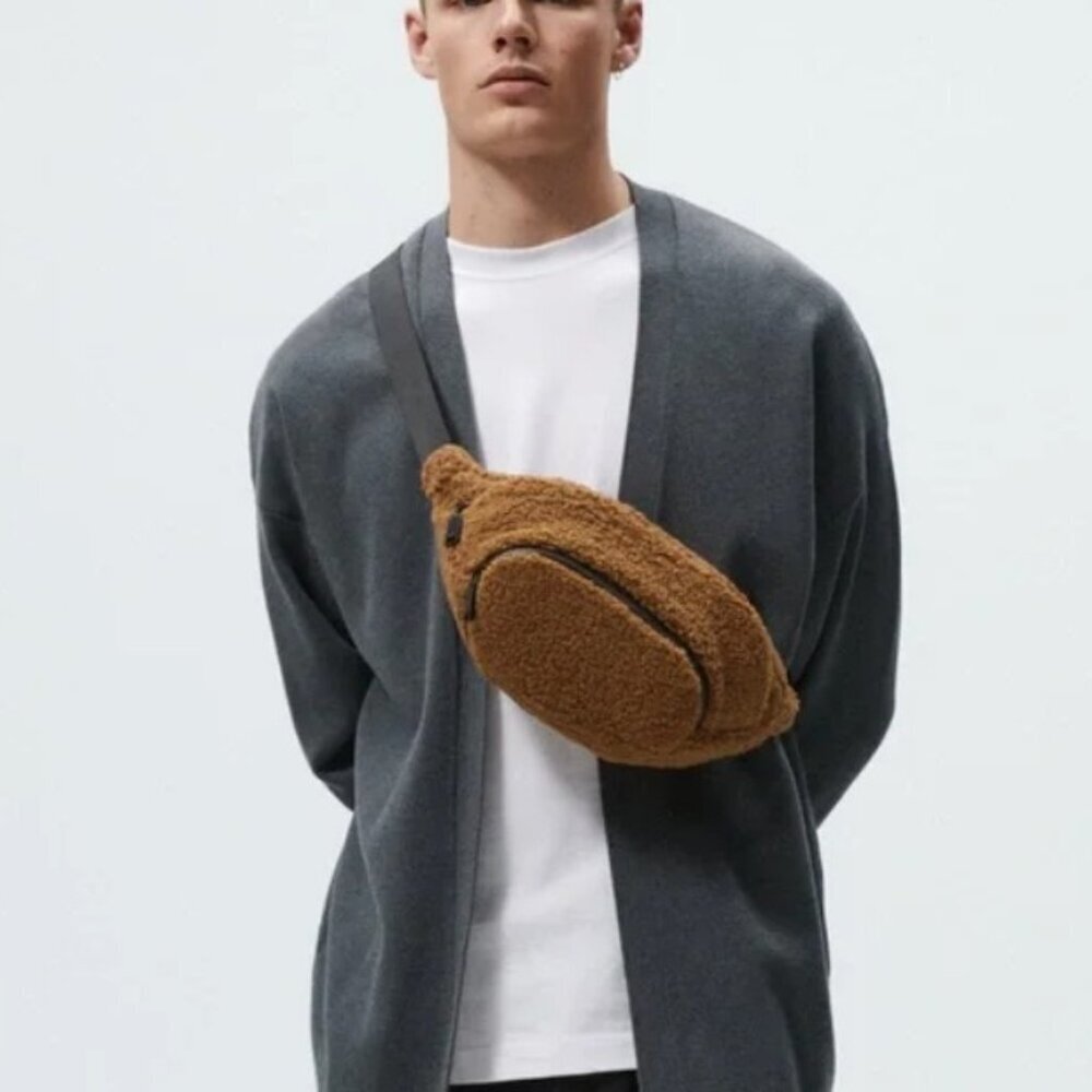 Zara Man Camel Brown Faux Shearling Belt Bag SIZE M 3507/921/117